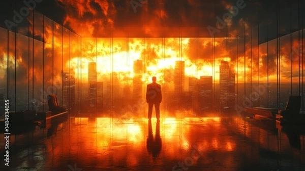 Obraz A lone figure in a modern office building, staring at a burning city