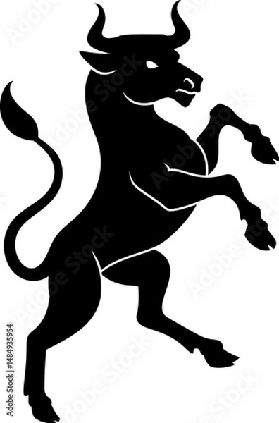 Fototapeta A bull in a heraldry coat of arms crest heraldic style rearing, standing rampant on its hind legs.