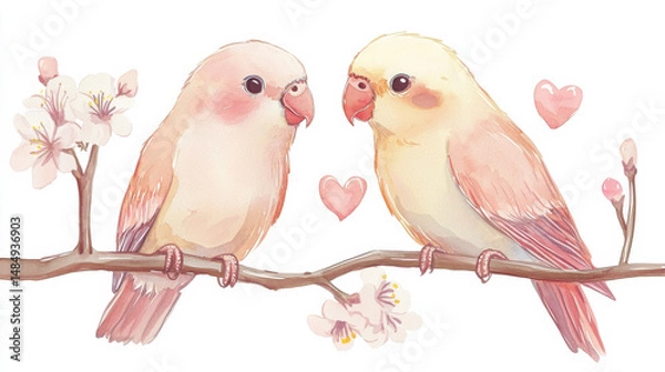 Fototapeta A watercolor illustration of two lovebirds perched on a branch, surrounded by cherry blossoms and hearts, radiating warmth and affection.