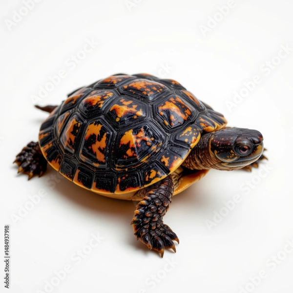 Fototapeta Close up of small turtle with black and orange patterned shell and skin, positioned plain white background, showcasing its detailed textured shell and limbs, evoking sense of curiosity