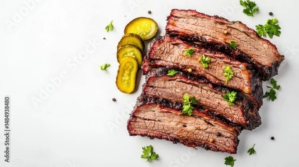 Fototapeta Sliced smoked brisket with pickles and parsley on white background.