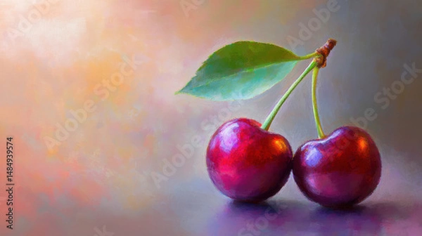 Fototapeta A beautifully painted still life of two cherries with a lush green leaf, set against a soft pastel background.