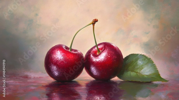 Fototapeta A beautiful painting of two shiny cherries with a green leaf, set against a subtle pastel backdrop.