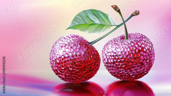 Fototapeta Two glossy, bubble-like fruits with a vibrant pink background, exuding freshness and charm.
