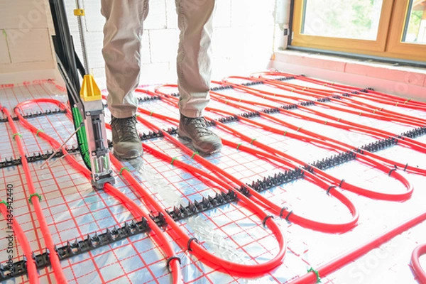 Fototapeta A technician skillfully installs an underfloor heating system using advanced technology, showcasing precise placement and modern plumbing techniques in a construction setting