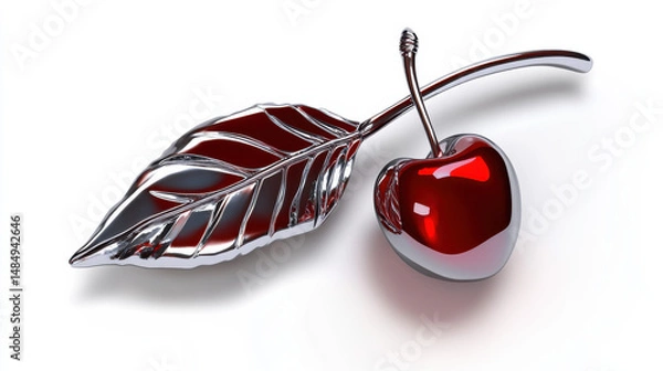 Fototapeta A shiny metallic cherry with a detailed leaf, showcasing a modern and artistic design against a white backdrop.