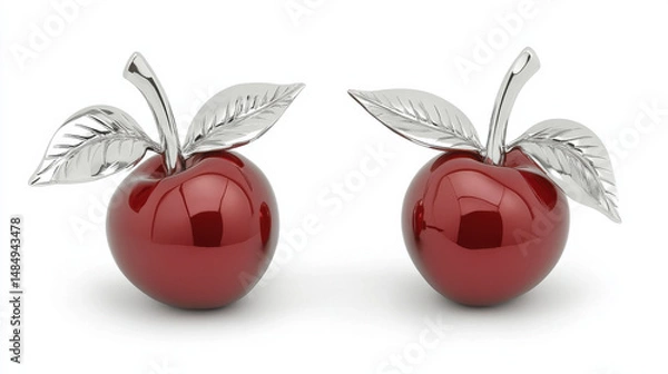 Fototapeta A pair of polished red apple sculptures with sleek silver leaves, showcasing modern design and elegance.