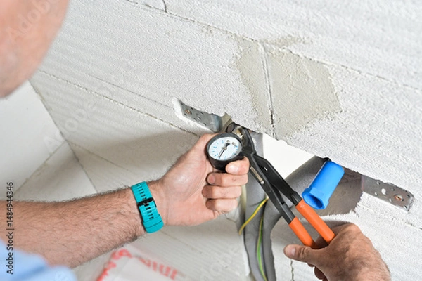 Fototapeta A technician is using a pressure gauge and pliers to inspect plumbing work on a wall, showcasing practical home maintenance skills and service tools being used