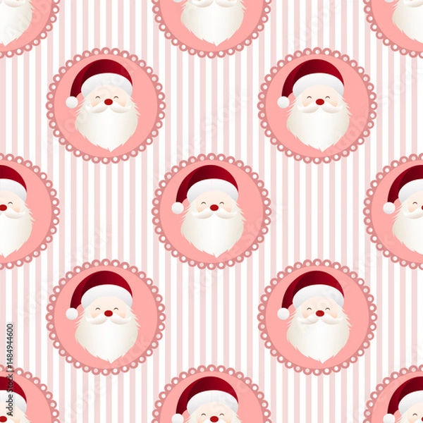 Fototapeta Cute pink Christmas pattern with Santa Claus faces in round frames with pink candy stripes. Festive and playful seamless design.