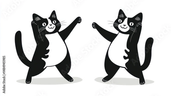 Fototapeta Two cheerful black and white cats dancing joyfully against a minimalist background, embodying a fun and whimsical style.