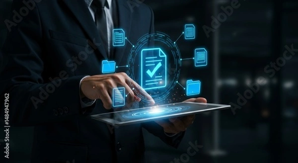 Obraz Digital document verification.  Hands using tablet to check files