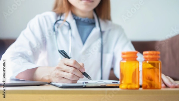 Obraz The female doctor sat and checked the patient's history and used a laptop to record patient information at the hospital. Medical concepts and interests