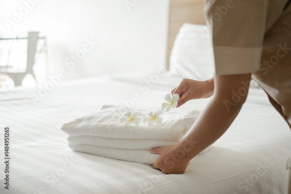 Obraz A hotel maid stacked towels on the bed and placed flowers on the towels in a hotel room