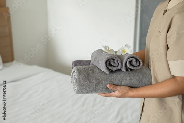 Obraz A hotel maid stacked towels on the bed and placed flowers on the towels in a hotel room