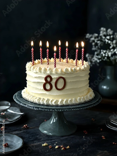 Fototapeta An 80th birthday cake, vanilla frosting, red candles, on a cake stand