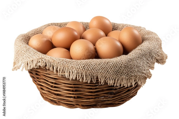 Fototapeta rustic basket with brown organic chicken eggs on transparent background