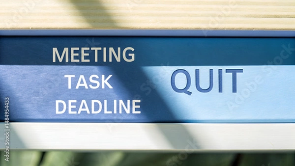 Fototapeta Quiet Quitting Job Burnout Employee Sign emphasizing work-related terms like meetings and deadlines alongside the word quit.