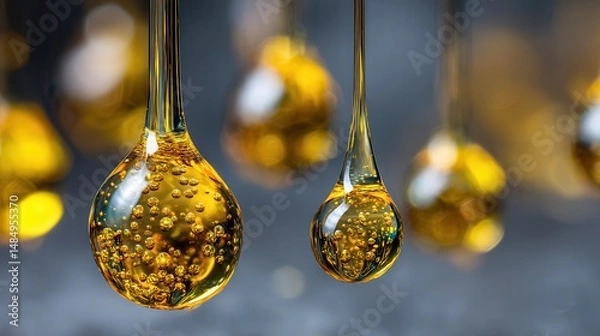 Fototapeta Black oil prices high jump Gold bars investment security wealth Droplets of liquid with bubbles and golden reflections suspended in air.