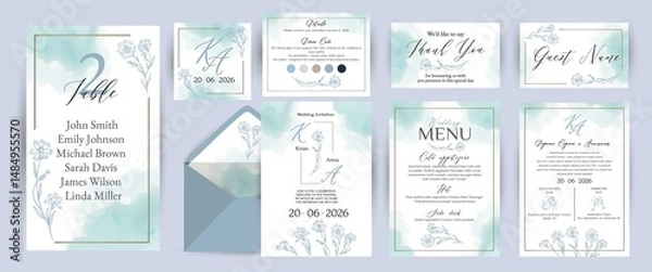 Fototapeta Botanical blue design set of invitation cards and other printing. Illustration design for invitation, cover, poster, dress code and menu.