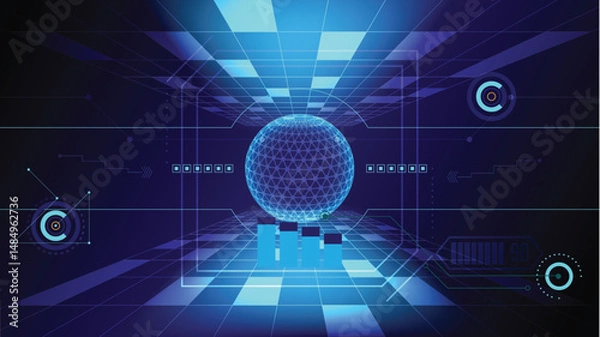 Obraz Abstract Global Data Hub Futuristic Blue Sphere with Information Interface