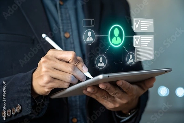 Fototapeta Digital recruitment process with HR manager selecting candidate using tablet in office environment, representing human resource technology and online hiring system in modern business workflow