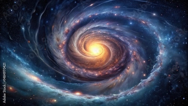 Fototapeta A dark, swirling vortex in the center of a galaxy, surrounded by stars and galaxies in various stages of collapse, spacetime curvature, cosmic void