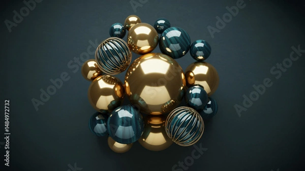 Fototapeta Elegant composition of decorative gold and teal spheres against a dark background creating a luxurio