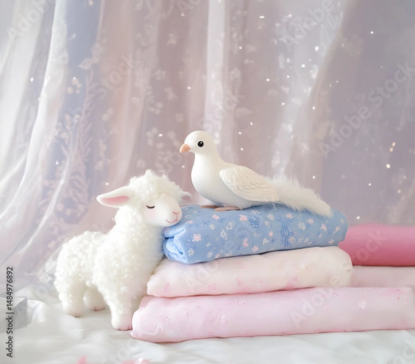 Fototapeta  White dove and little lamb next to neatly folded bed linen and towels on a pastel light clean textile background.