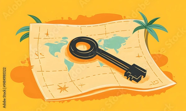 Obraz An old map with a key, suggesting exploration or a treasure hunt, with palm trees against a solid yellow background