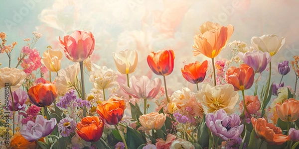 Fototapeta Charming Field of Blooming Tulips with Soft Pastel Background – Romantic Spring Scene Ideal for Seasonal Designs, Greeting Cards, and Nature Art