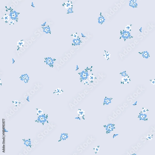 Fototapeta Vector illustration. Seamless pattern of delicate small blue flowers on a light gray background. Ditsy floral blue pattern, field of flowers, print for fabric, textile, wallpaper, baby clothes
