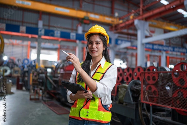 Fototapeta Industrial woman engineer wear uniform checking system machine at factory.