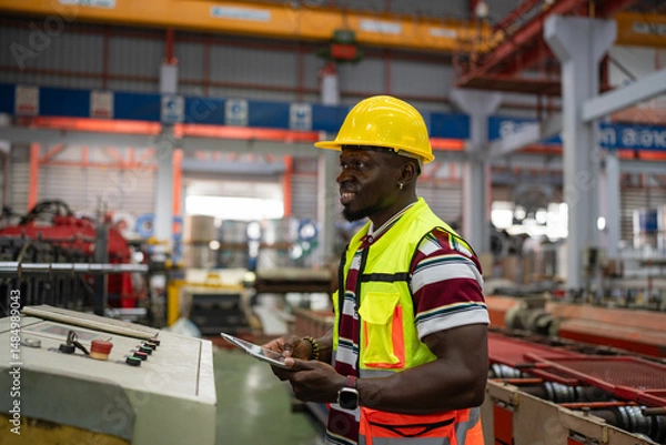 Fototapeta Industrial man engineer wear uniform checking system machine at factory.