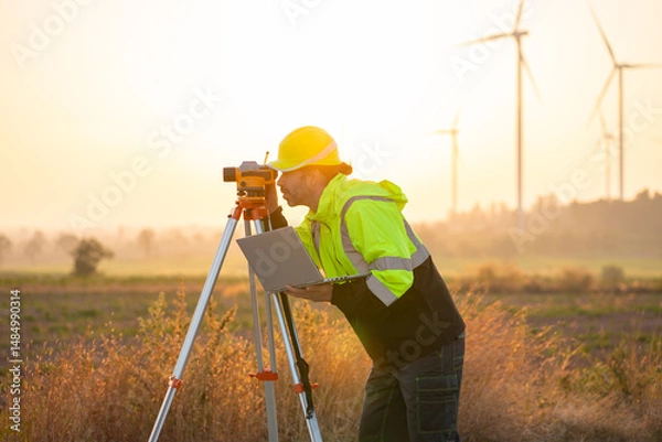 Fototapeta Engineer wearing uniform inspection and survey work in wind turbine farms rotation to generate electricity energy. Maintenance engineer working in wind turbine farm at sunset.