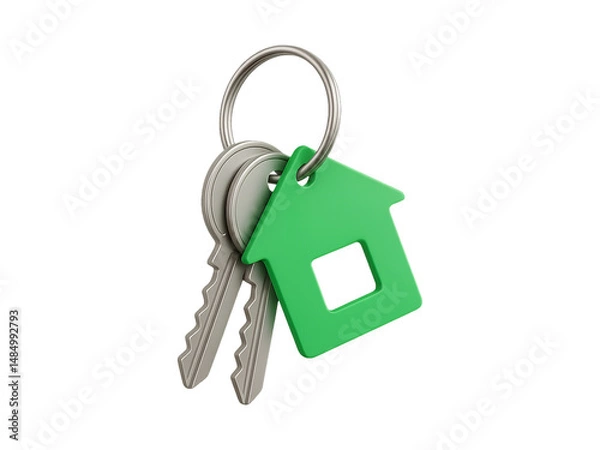 Fototapeta House keychain with green house pendant isolated on transparent or white background, png