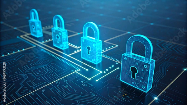 Obraz Digital circuit board with glowing padlocks representing cybersecurity and data protection concepts