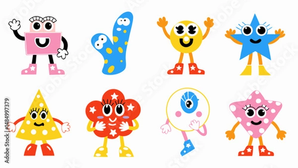 Fototapeta Collection of cartoon geometric shapes with faces arms and legs on a white isolated background design