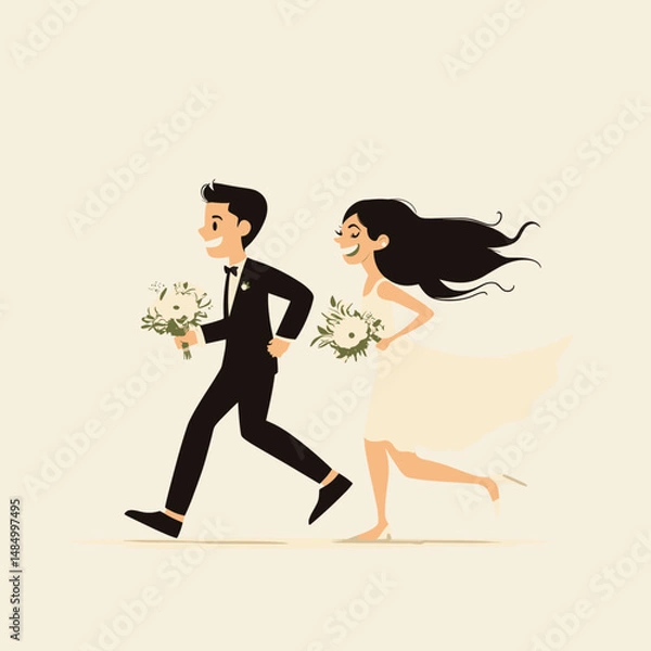 Fototapeta Playful bride and groom running together