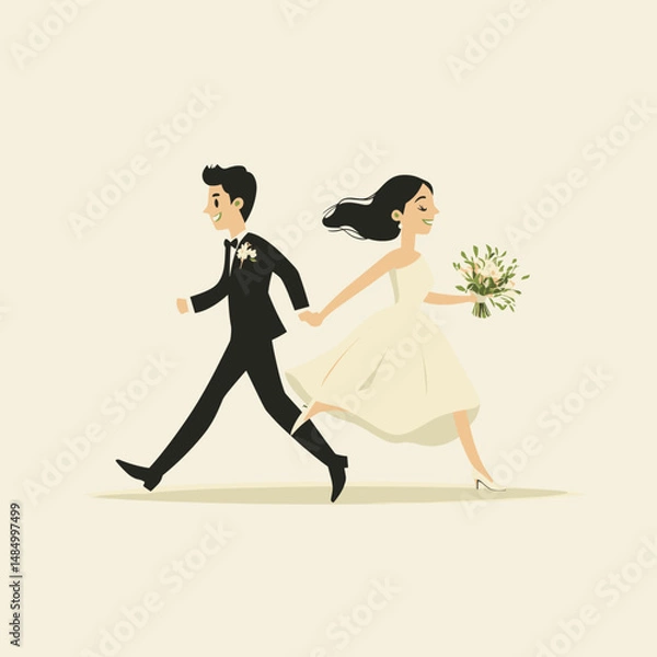 Fototapeta Playful bride and groom running together