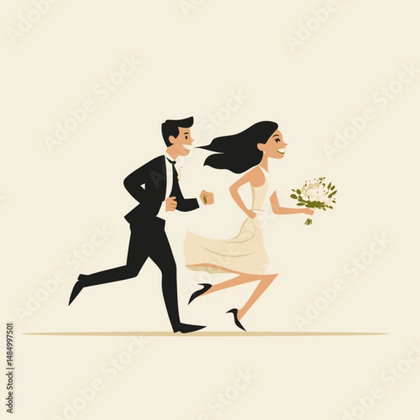 Fototapeta Playful bride and groom running together