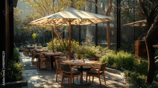 Fototapeta Sunlit restaurant patio with wooden tables and chairs under umbrella