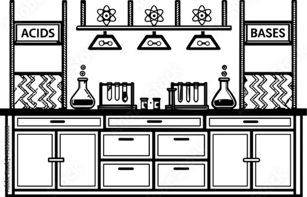 Fototapeta SVG vector of a laboratory and research facility focused on biology. Laboratory Station Displaying Acids and Bases with Scientific Equipment