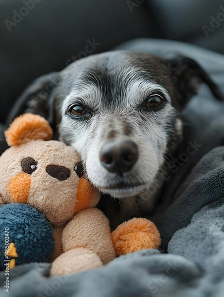 Obraz Elderly dog cuddles a plush teddy bear under a grey blanket