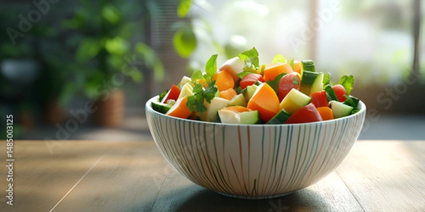 Fototapeta Colorful Fresh Vegetable Salad Served in a Ceramic Bowl – Healthy Vegan Meal Perfect for Nutrition, Wellness, and Clean Eating Concepts