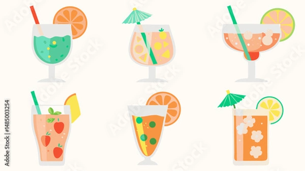 Fototapeta Illustration of six colorful cocktails with fruit slices and straws on a white background surface area