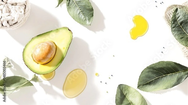Obraz Avocado Still Life: Fresh Cut Avocado, Oil, Leaves, and Seeds on White Background - Healthy Food, Ingredient, Flat Lay Photography