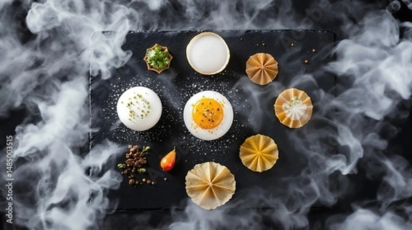 Obraz Molecular Gastronomy Dessert Plate: Artistic Food Presentation with Smoky Dry Ice Effect, Gourmet Cuisine Photography, Fine Dining Experience
