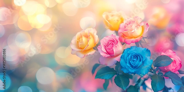 Fototapeta Vibrant Blue and Pink Roses in a Soft Light Setting – Striking Floral Contrast for Creative Backgrounds, Romantic Themes, and Wedding Graphics