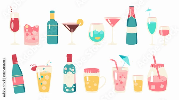 Fototapeta Illustration of various alcoholic and non alcoholic beverages in bottles and glasses on a white background