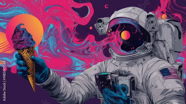 Fototapeta Astronaut holds the universe in his hands like ice cream. Pop art retro vector illustration vintage kitsch